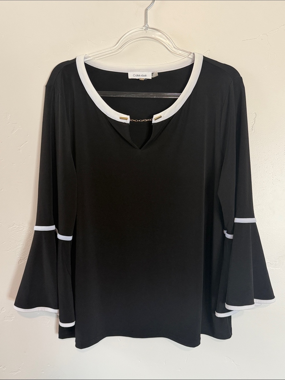 Calvin Klein Black Blouse with White Trim and Decorative Chain